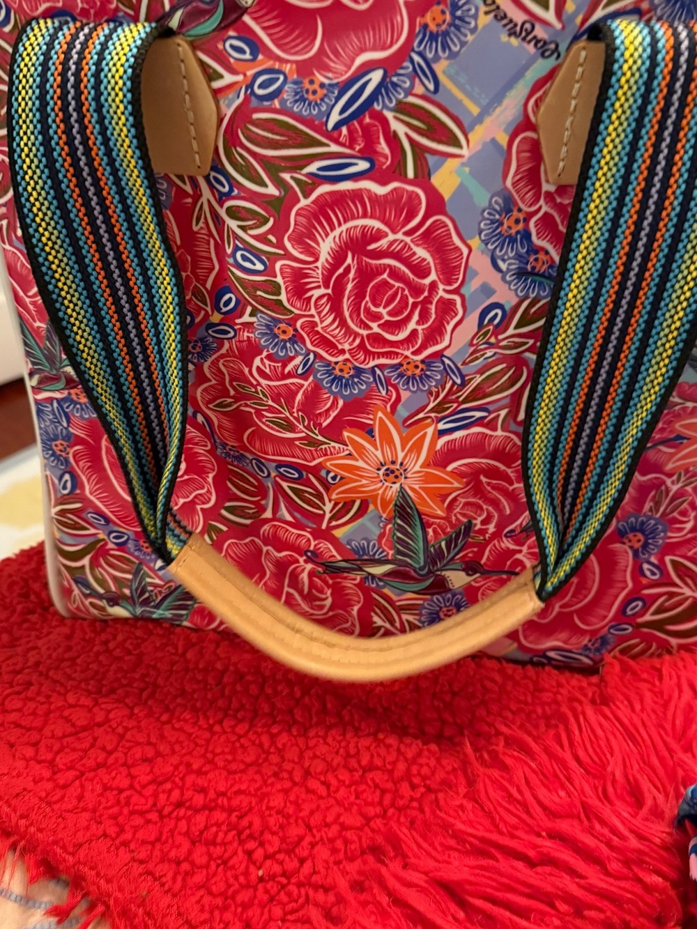 Consuela Floral Multicolor Tote with Striped Blue-Green Handles
